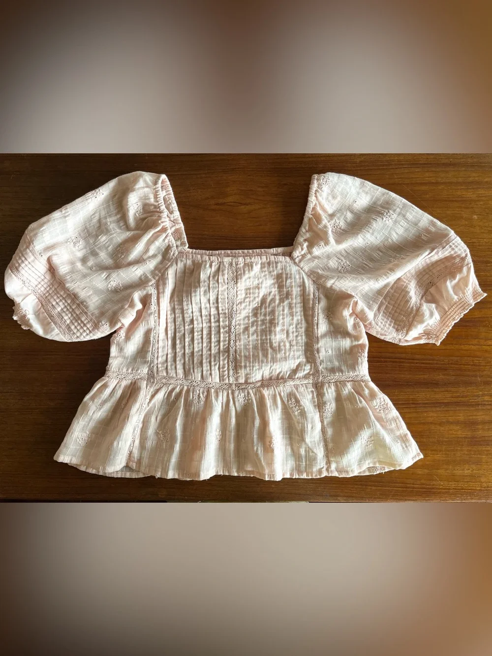 Jennifer & Grace Light Pink Peach Lace-Trim Peasant Blouse Top Shirt XS